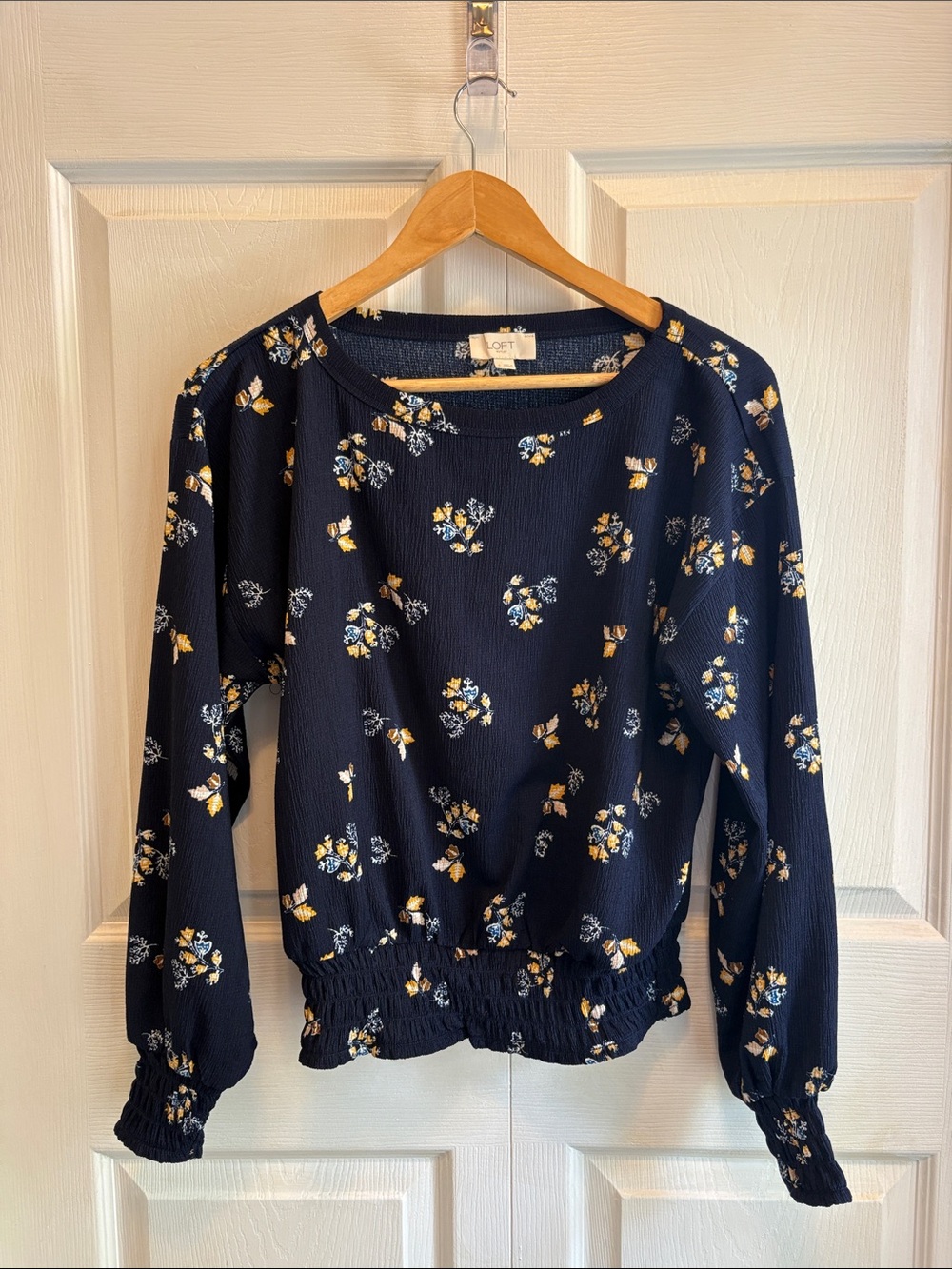 LOFT Navy Floral Long Sleeve Blouse with Yellow & White Details
